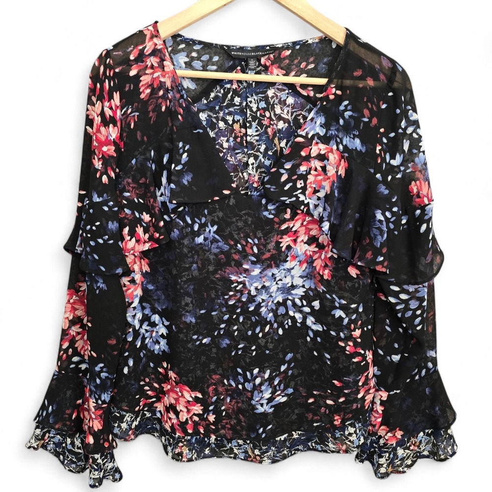 White House Black Market Top Womens 4 Black Floral Print Ruffle Sheer‎ Romantic